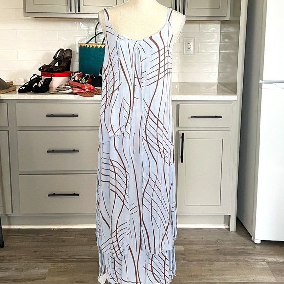 Jacques Ruc Boho Baby Blue Maxi Dress with Brown Print Layered Maxi Size Medium - Picture 1 of 8